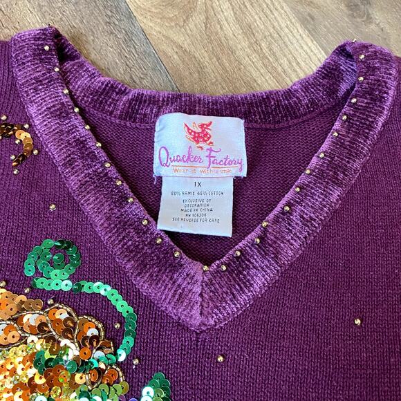 Quacker Factory Women's Plum Embellished Autumn Cornucopia V Neck Sweater 1X - Picture 11 of 12